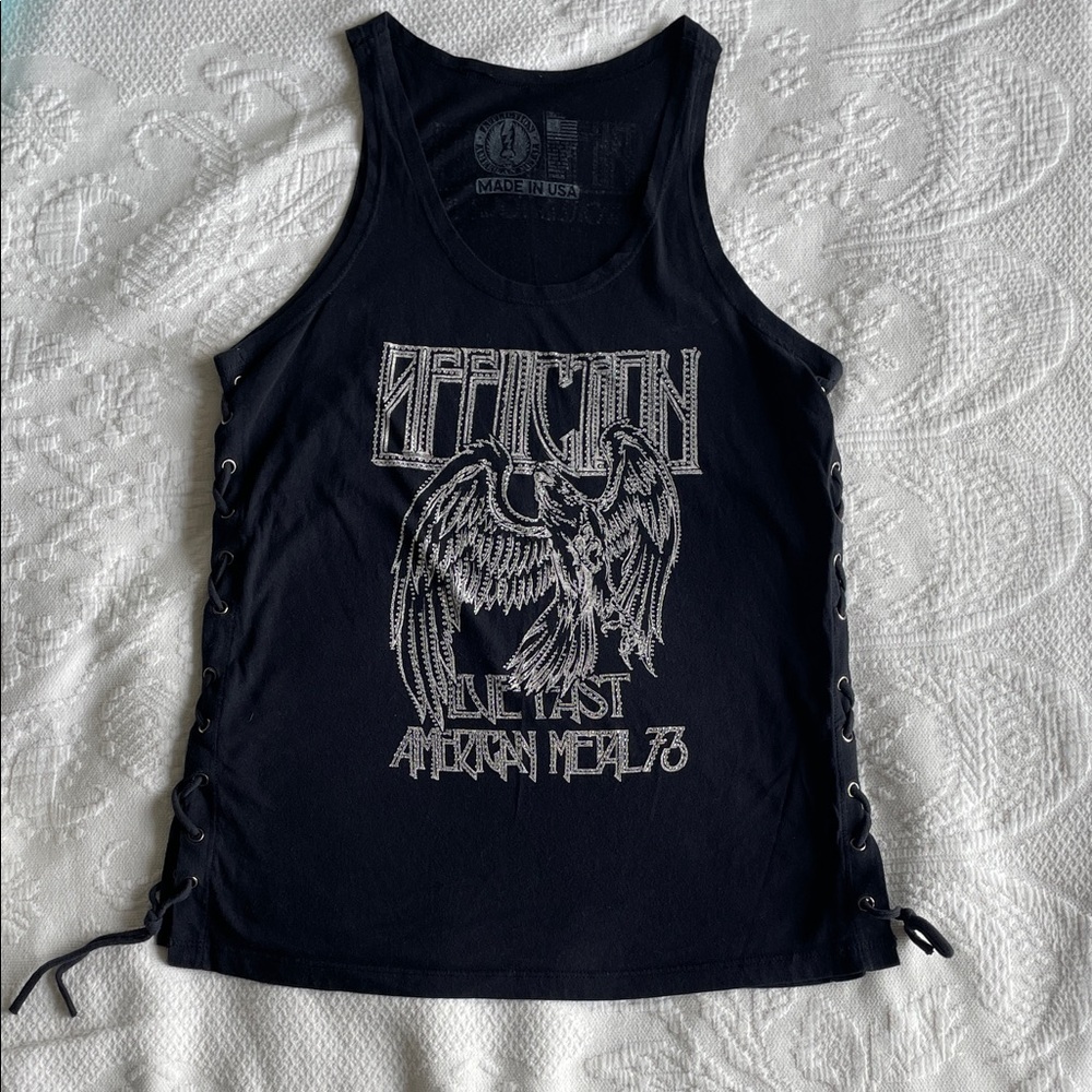 Affliction Black Tank with Silver Eagle Graphic and Side Lace-Up Size small